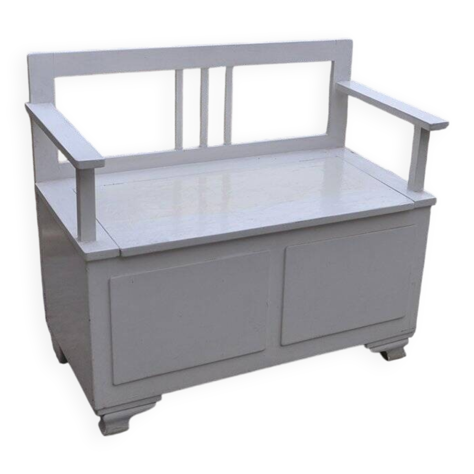 White painted pine Art Deco storage bench, filigree backrest, 1930s