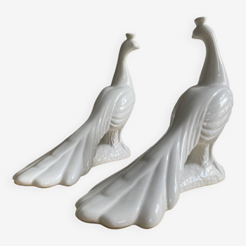 Paire de figurines de paon en porcelaine blanche Art Déco par ELPA Portugal