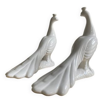 Pair white porcelain peacock figurines Art Deco by ELPA Portugal