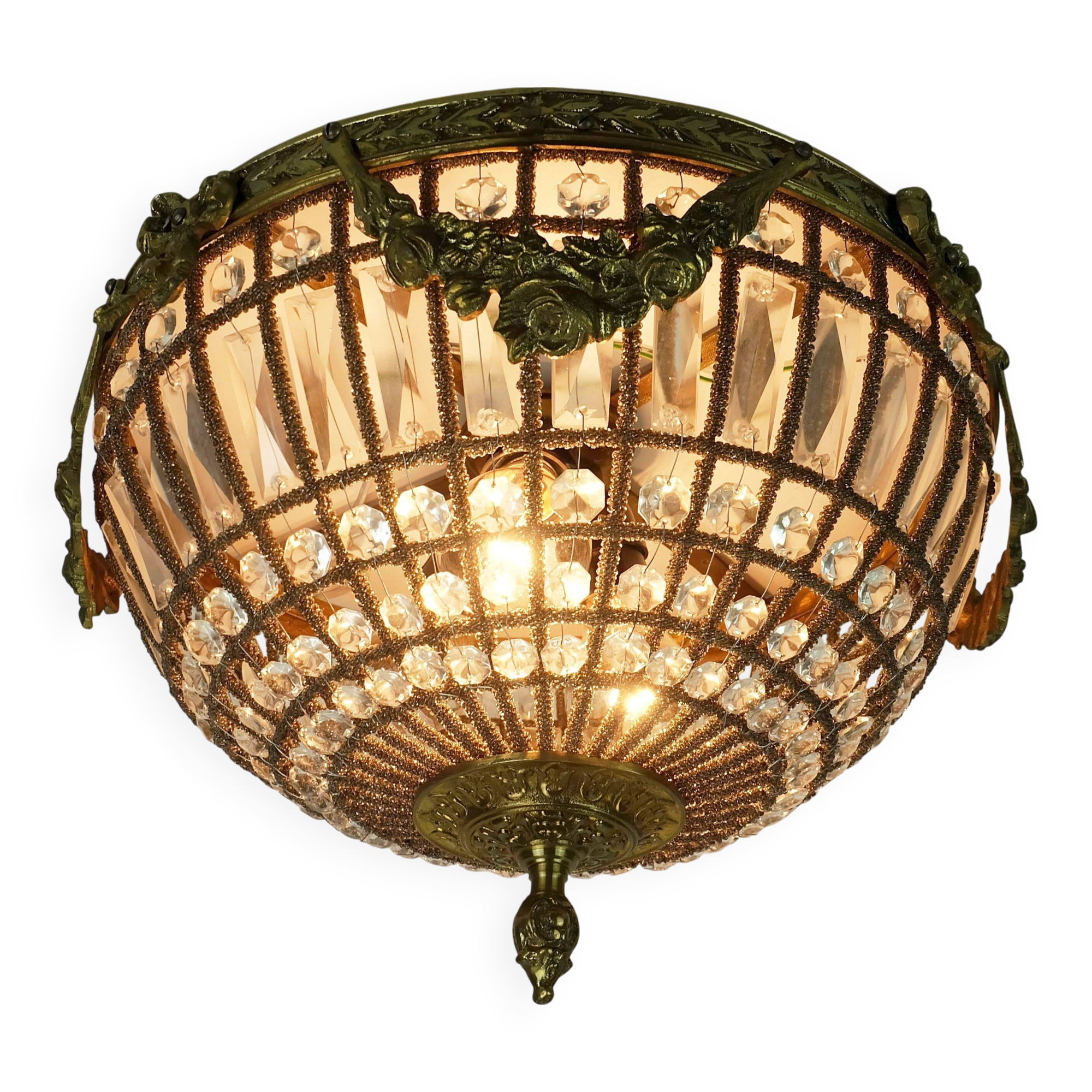 large 1960s CEILING LAMP glass crystal bronze hollywood regency style 1960s