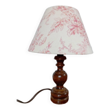 Table lamp with cream/pink toile de Jouy shade, turned wooden base 1960