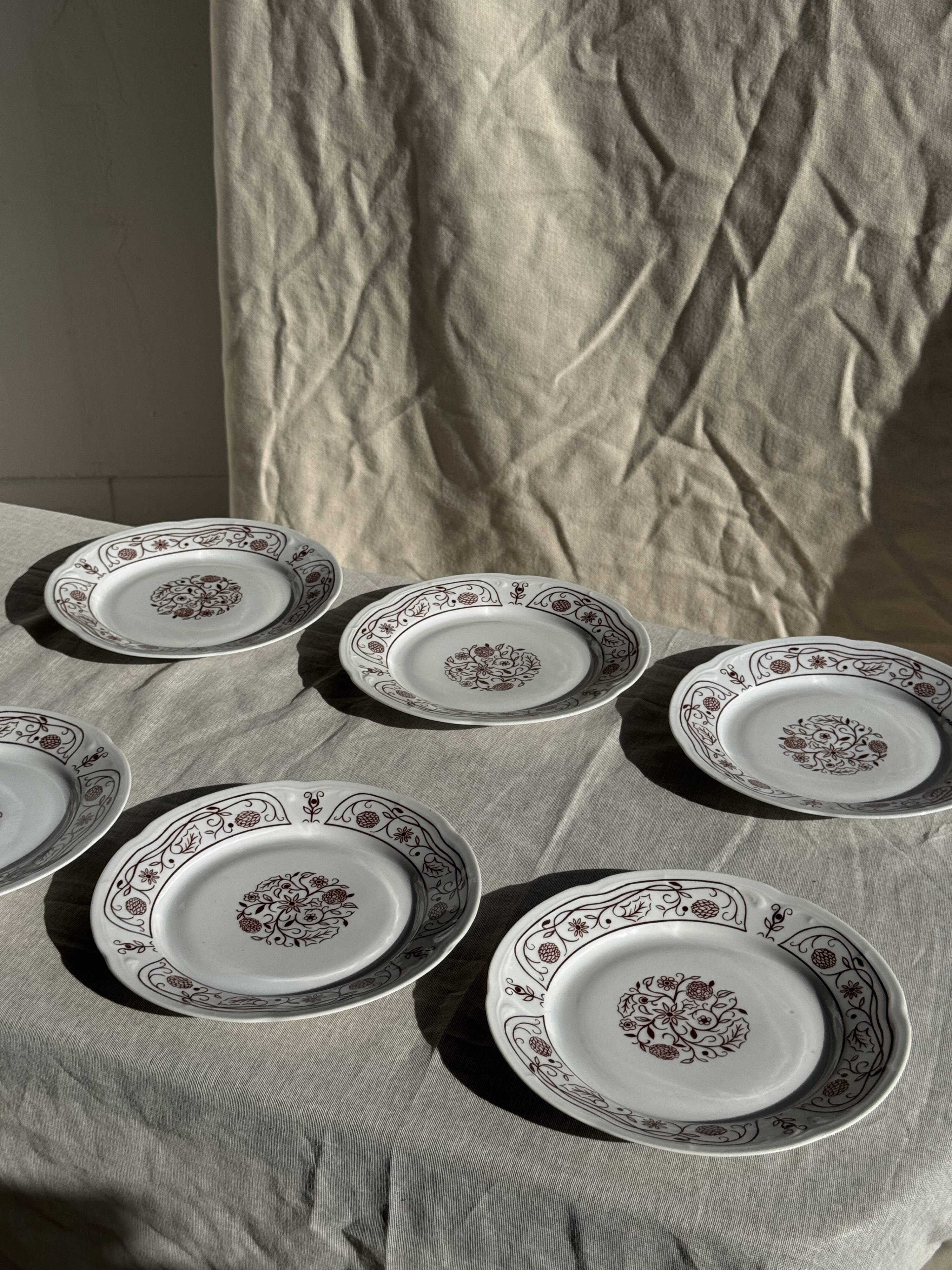 Set of 6 vintage dessert plates made in Poland with a plant motif.