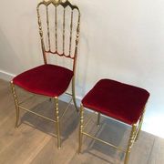 Chiavari chair and stool in brass and velvet. Around 1940.