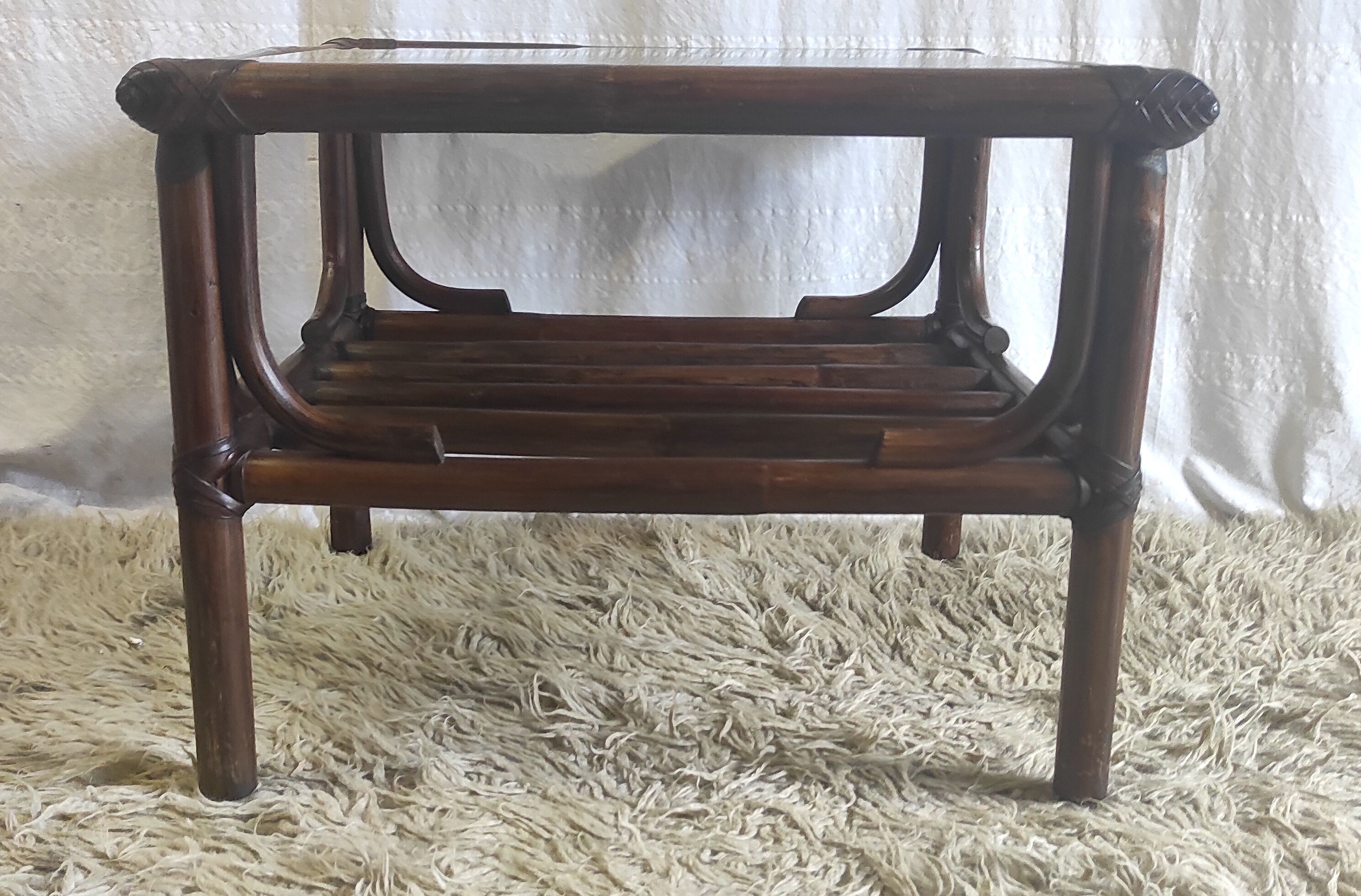 Rattan coffee table and smoked glass 60-70s