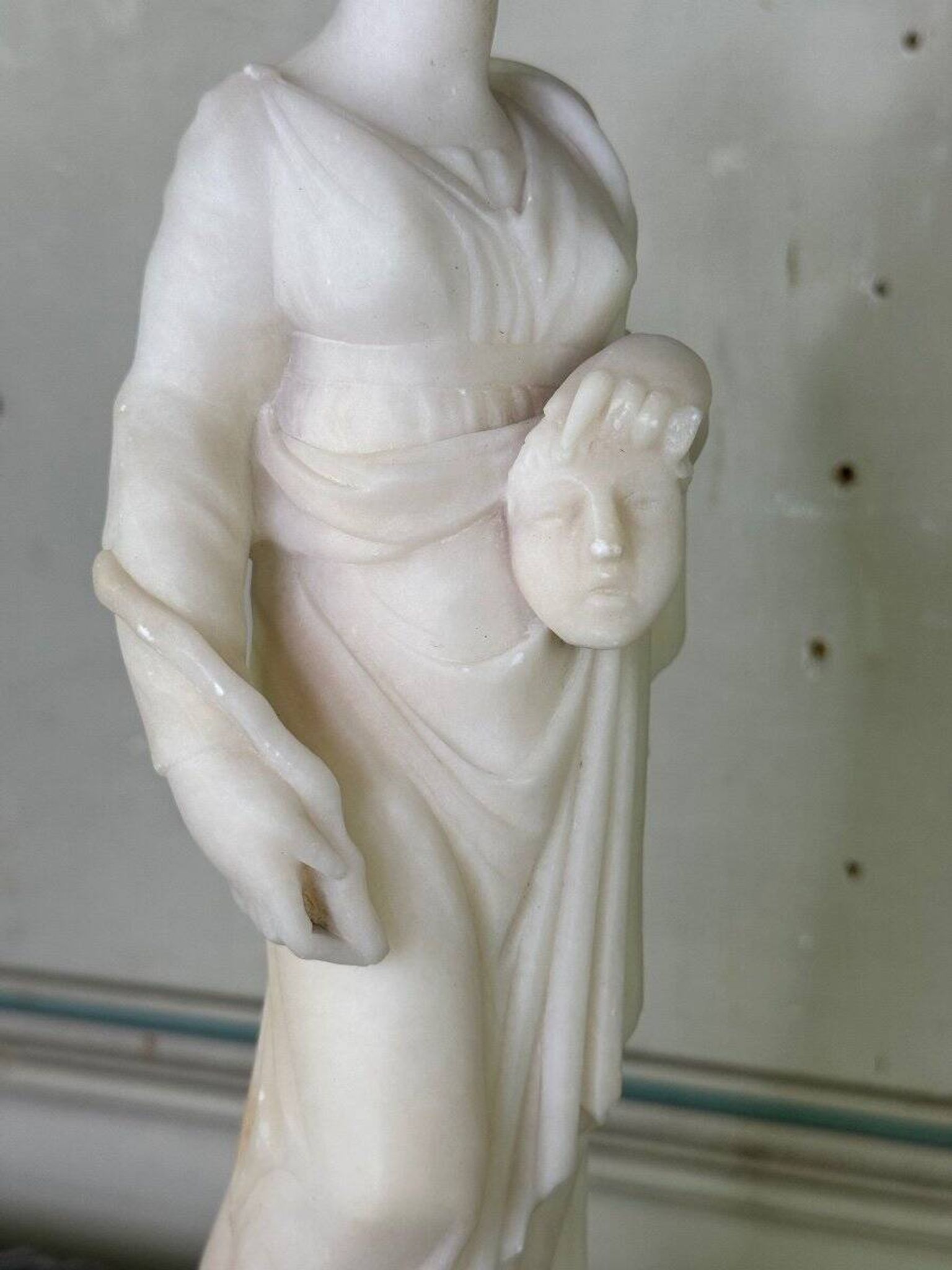 Alabaster sculpture, lady with a mask in the antique style, 19th century