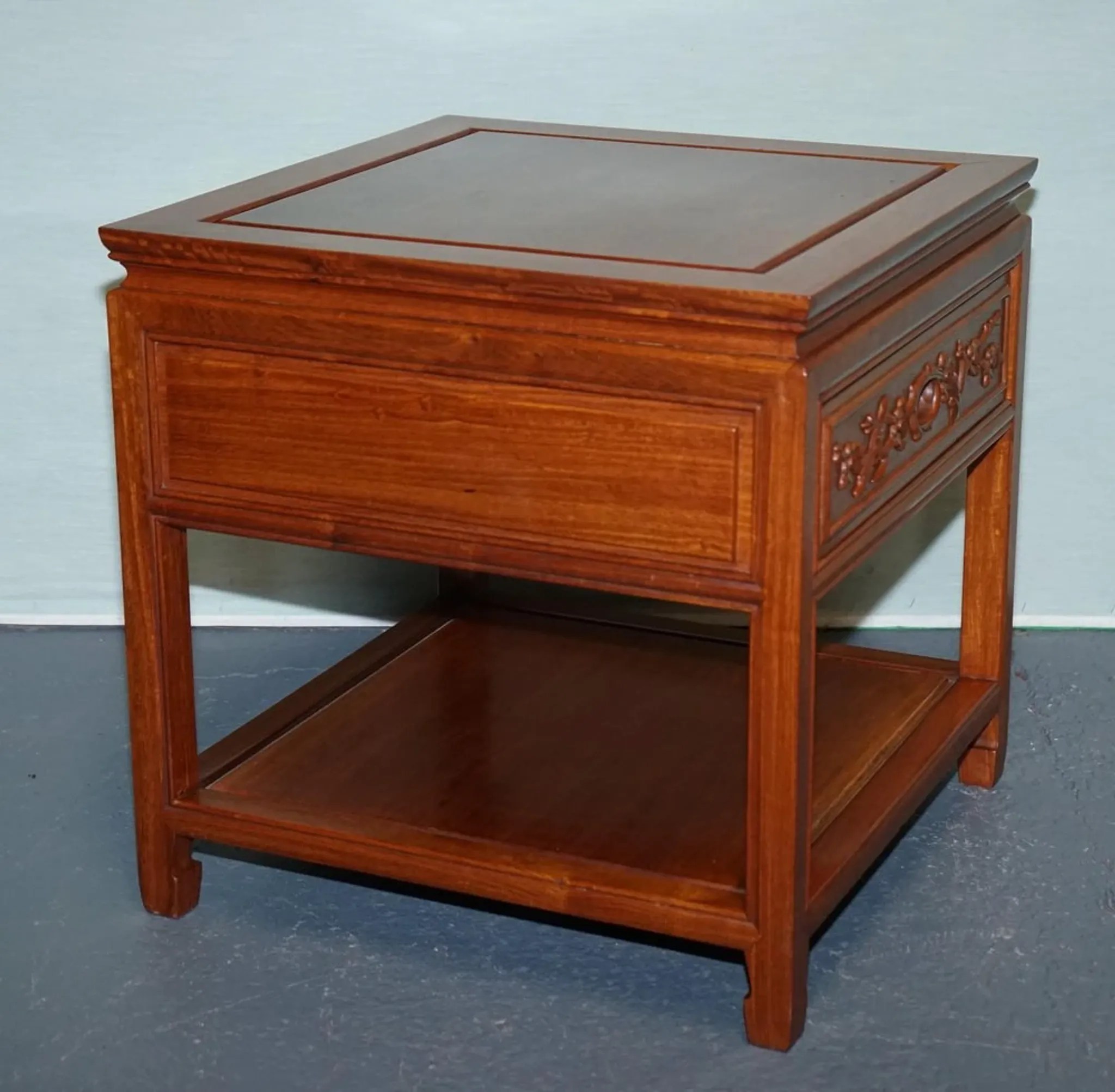 Vintage Oriental Teak Bedside Table with Drawer and Shelf, China