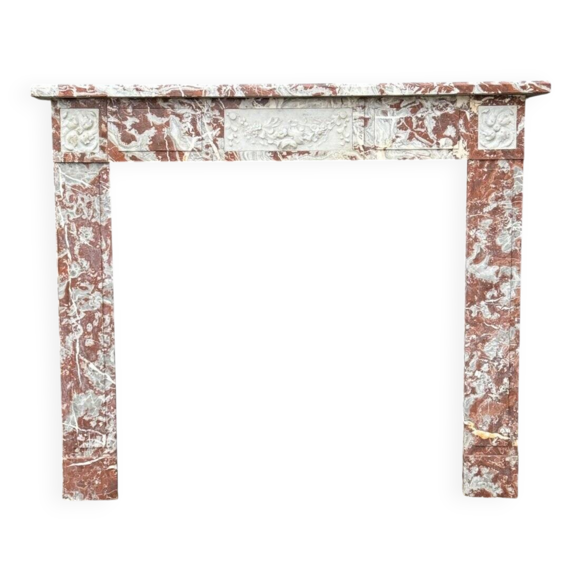 Louis XVI style fireplace in royal red and white Carrara marble circa 1900