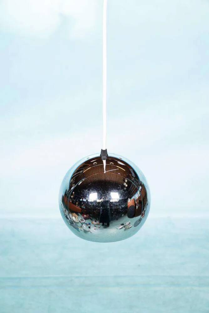 Vintage chrome sphere pendant lamp, space age eye lamp.