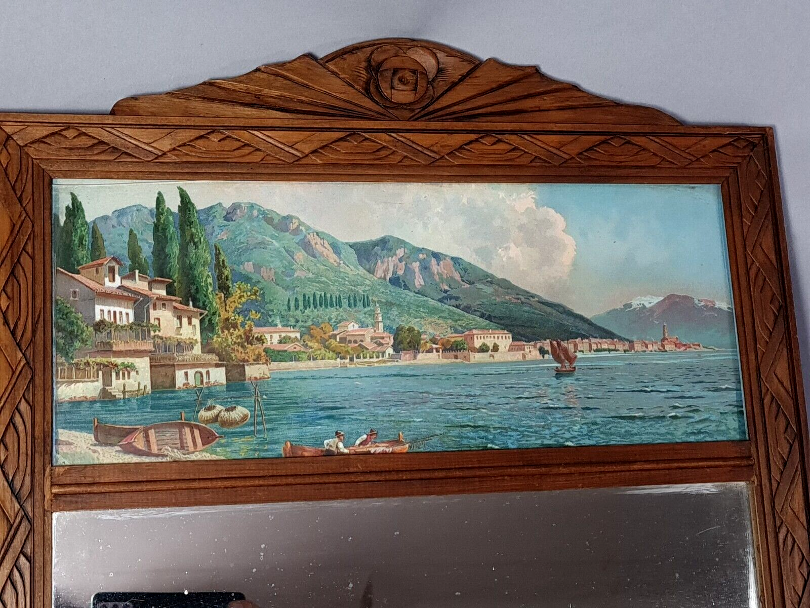 Mirror in frame art deco carved wood waxed 58x46 cm sb