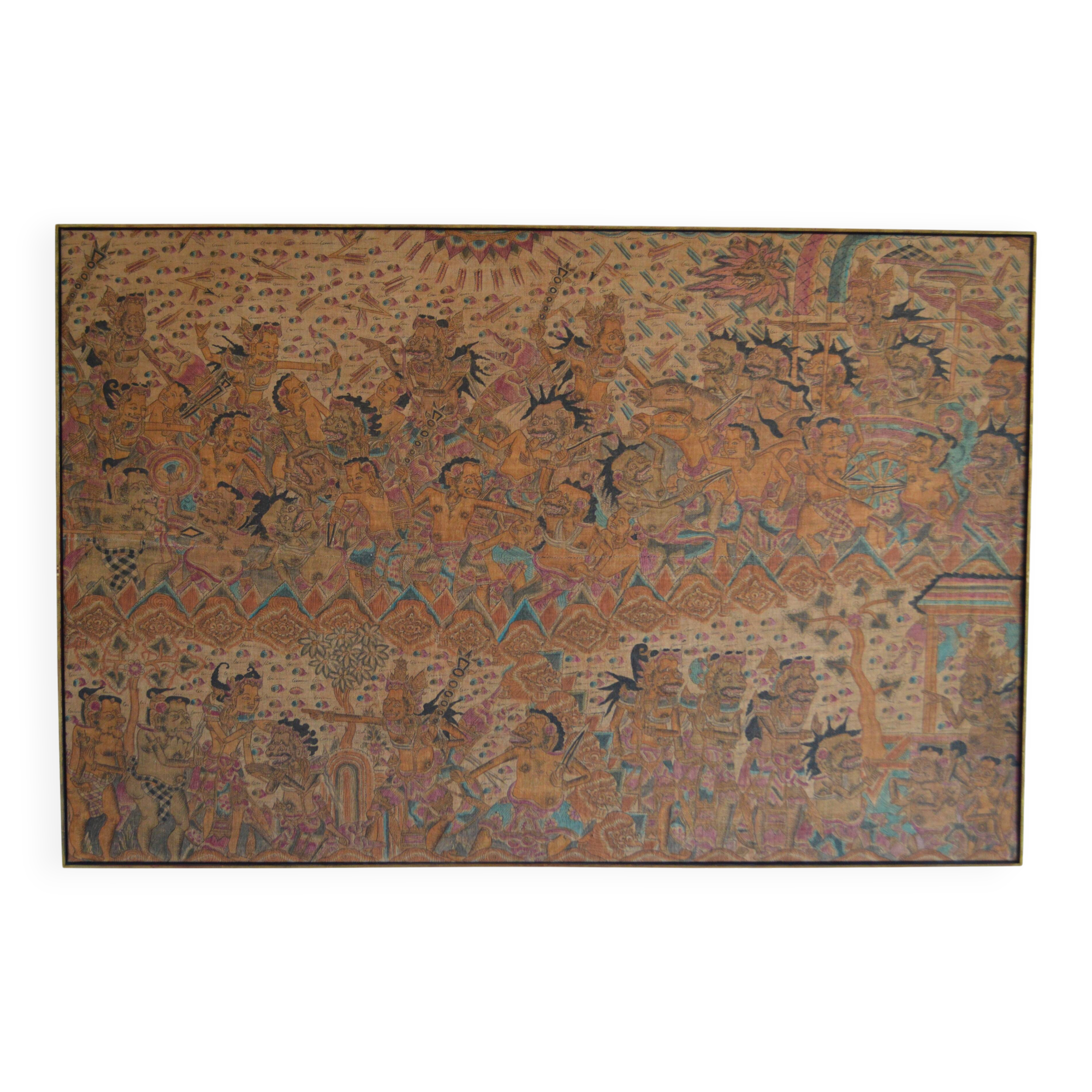 Large traditional Balinese painting on Kamasan Wayang vintage fabric.