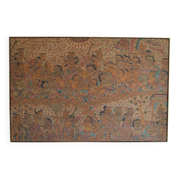 Large traditional Balinese painting on Kamasan Wayang vintage fabric.