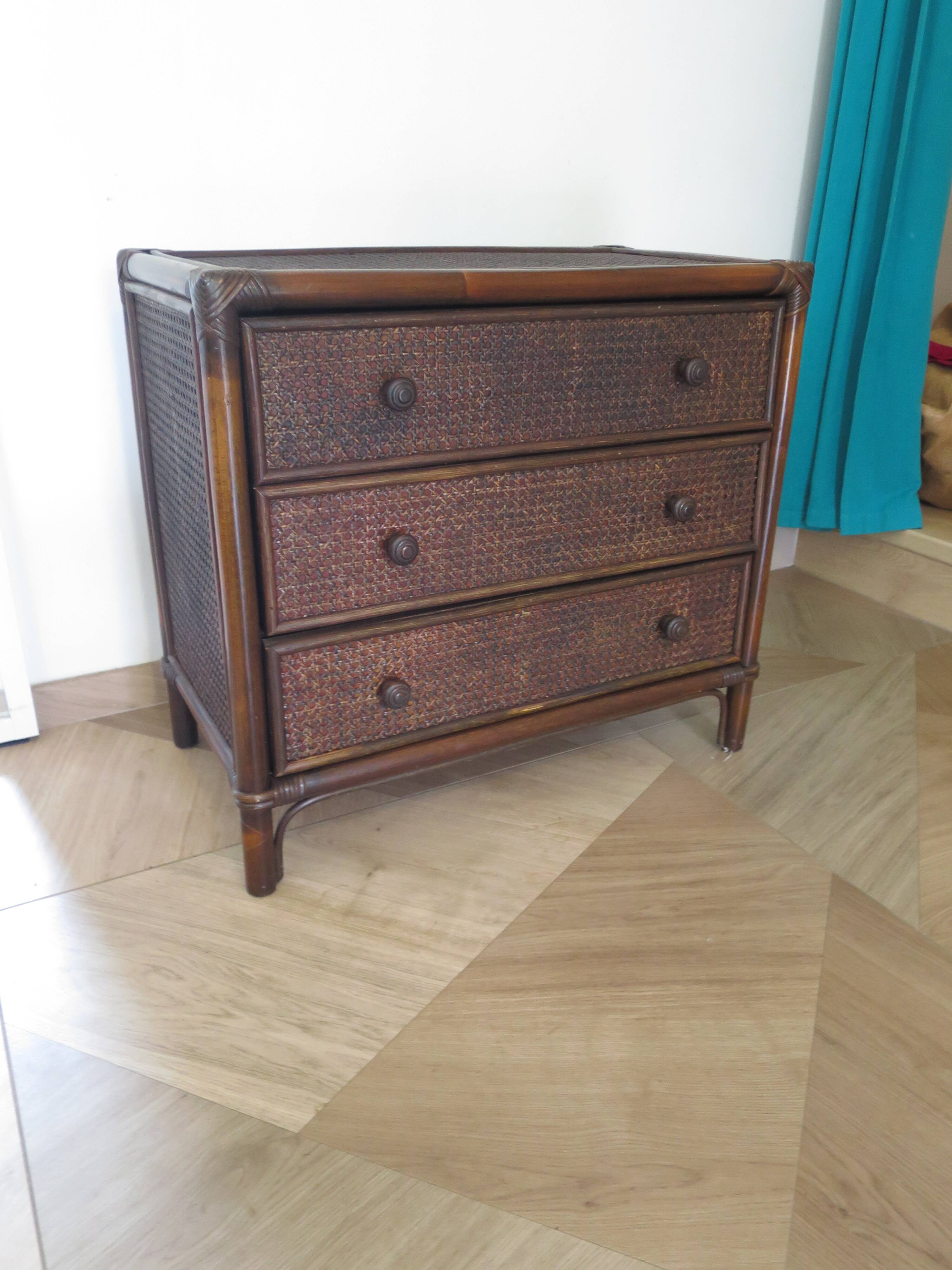 Vintage 3-drawer chest of drawers - wood, bamboo and woven rattan - 1980s