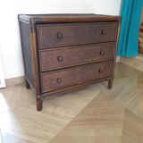 Vintage-commode 3 tioirs -bois bambou et rotin tressé - années 80