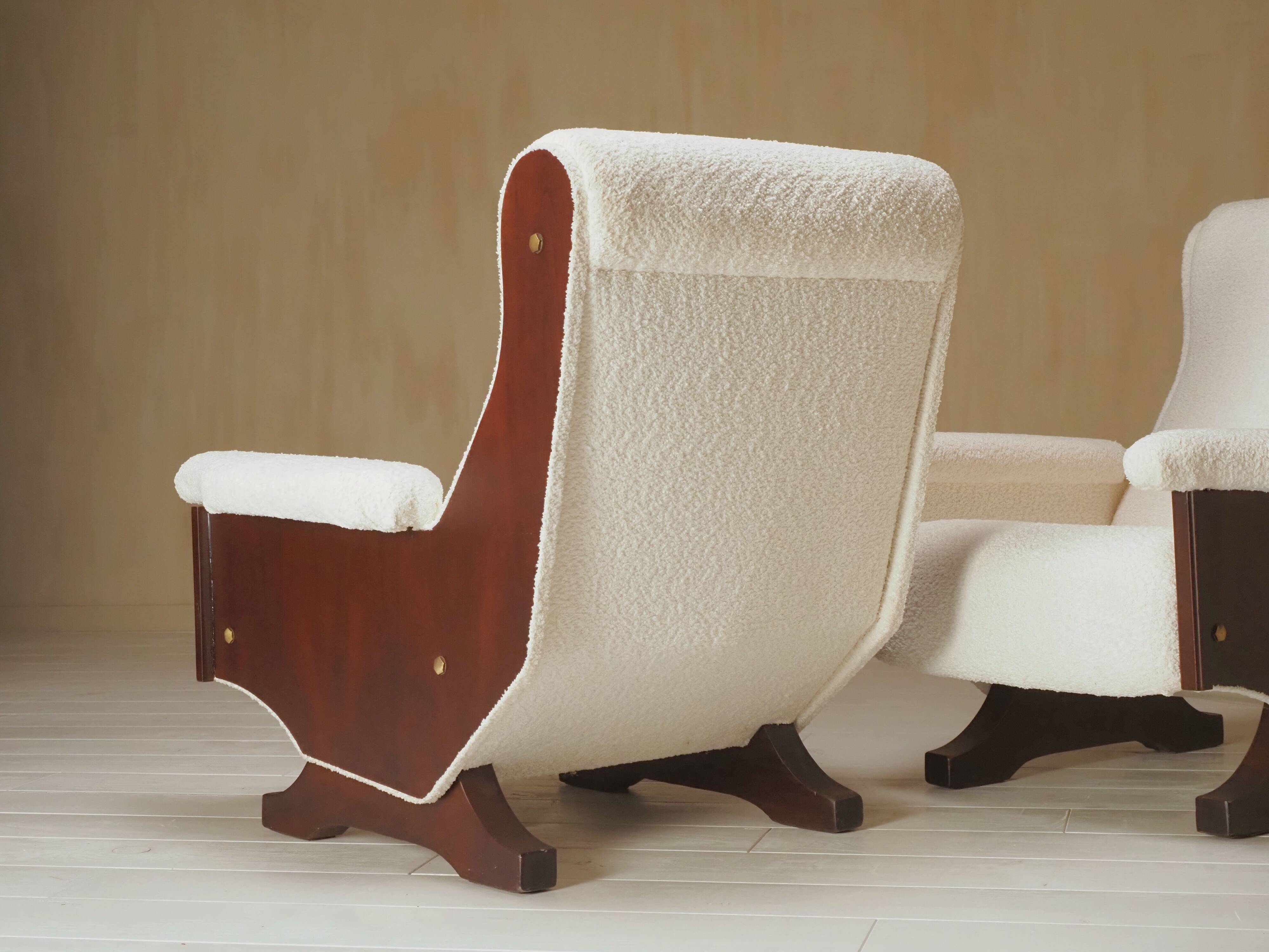 Pair of 1960s Italian Modern Walnut and Boucle Armchairs