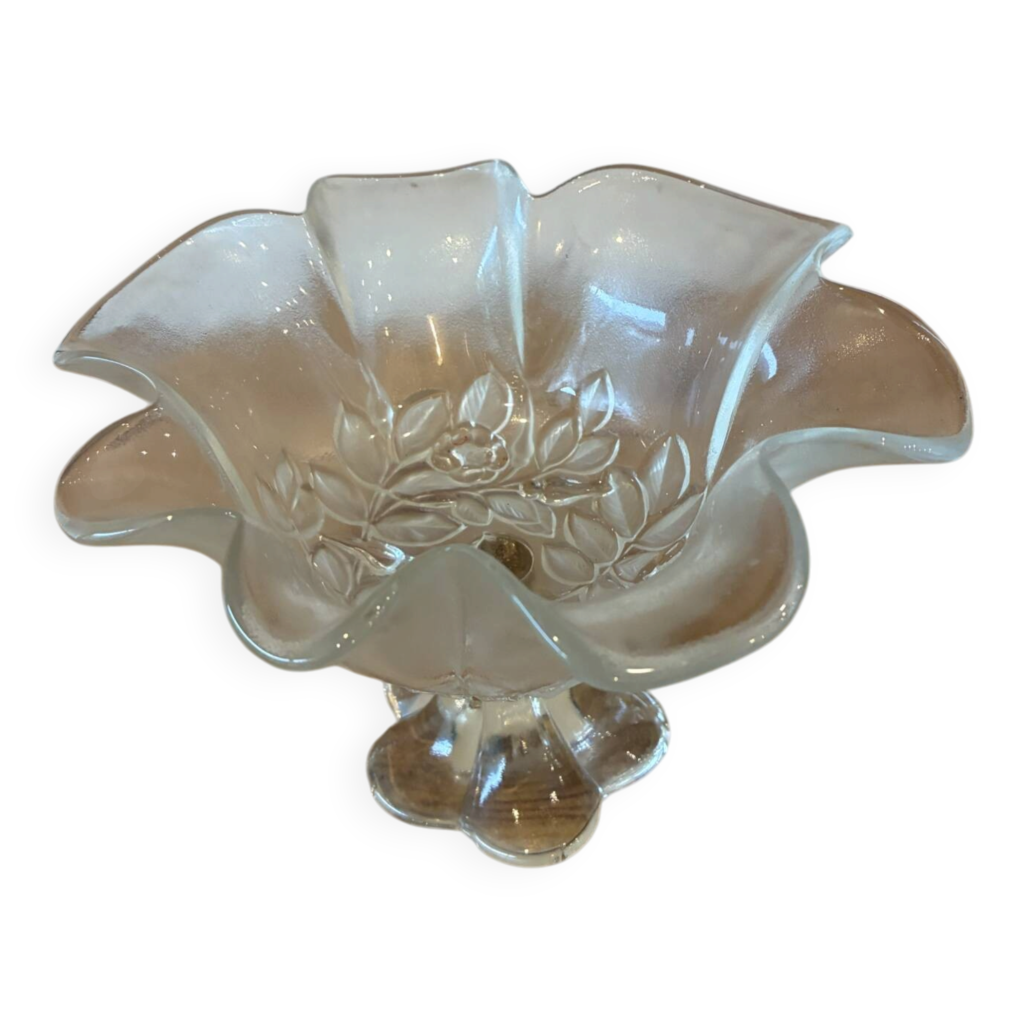 Footed bowl / Vintage frosted moulded glass compote – Corolla shape
