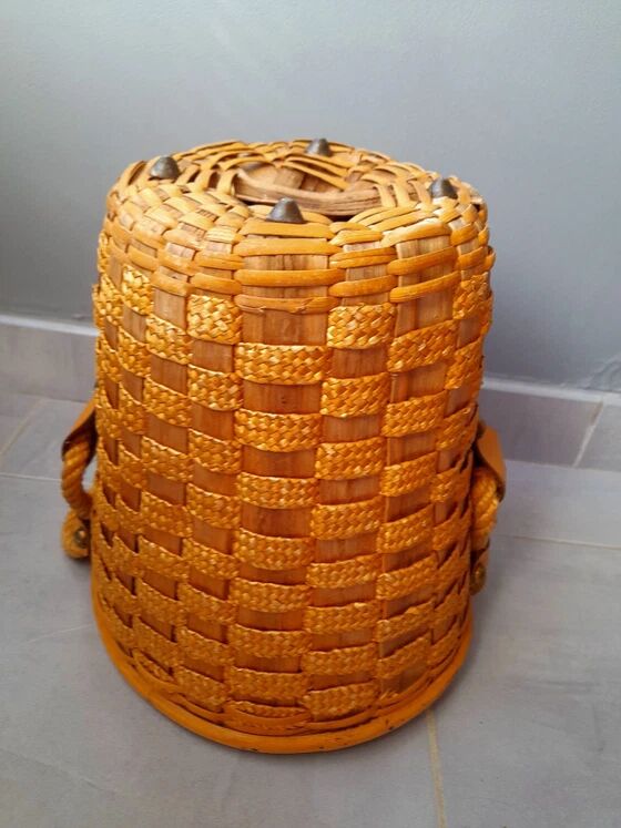 Hanging pot made of rattan and rope 1960