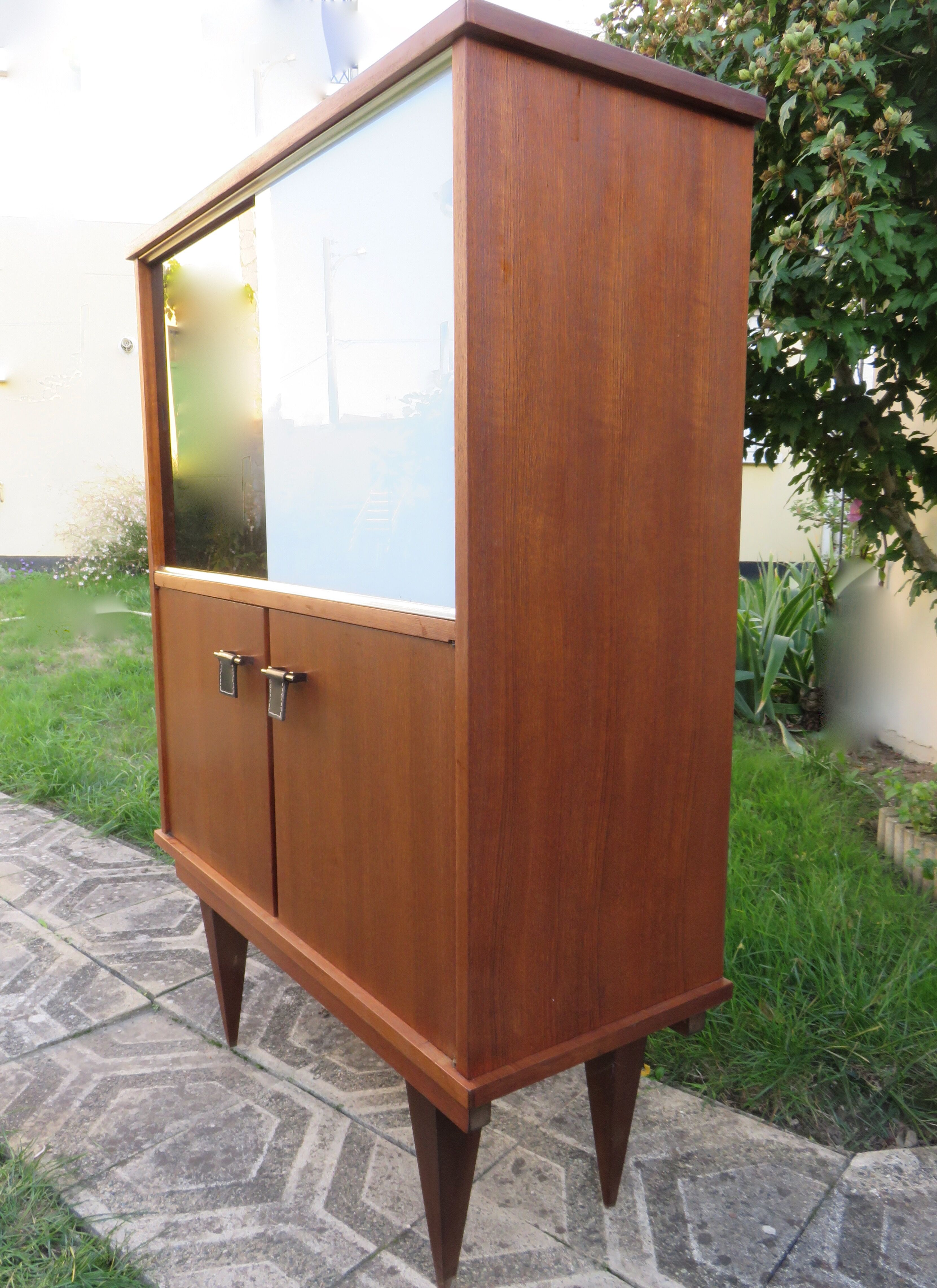 Vintage sideboard with black and white glass doors with cupboard, modernist style, France 1955