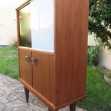 Vintage sideboard with black and white glass doors with cupboard, modernist style, France 1955