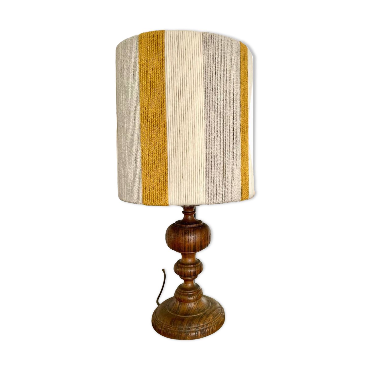 Large vintage lamp with turned wooden base, wool and rope striped lampshade