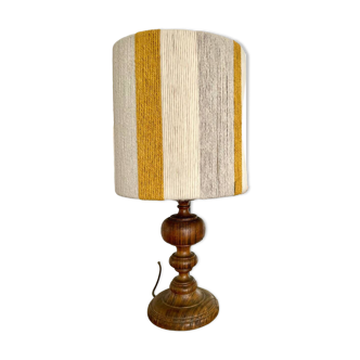 Large vintage lamp with turned wooden base, wool and rope striped lampshade
