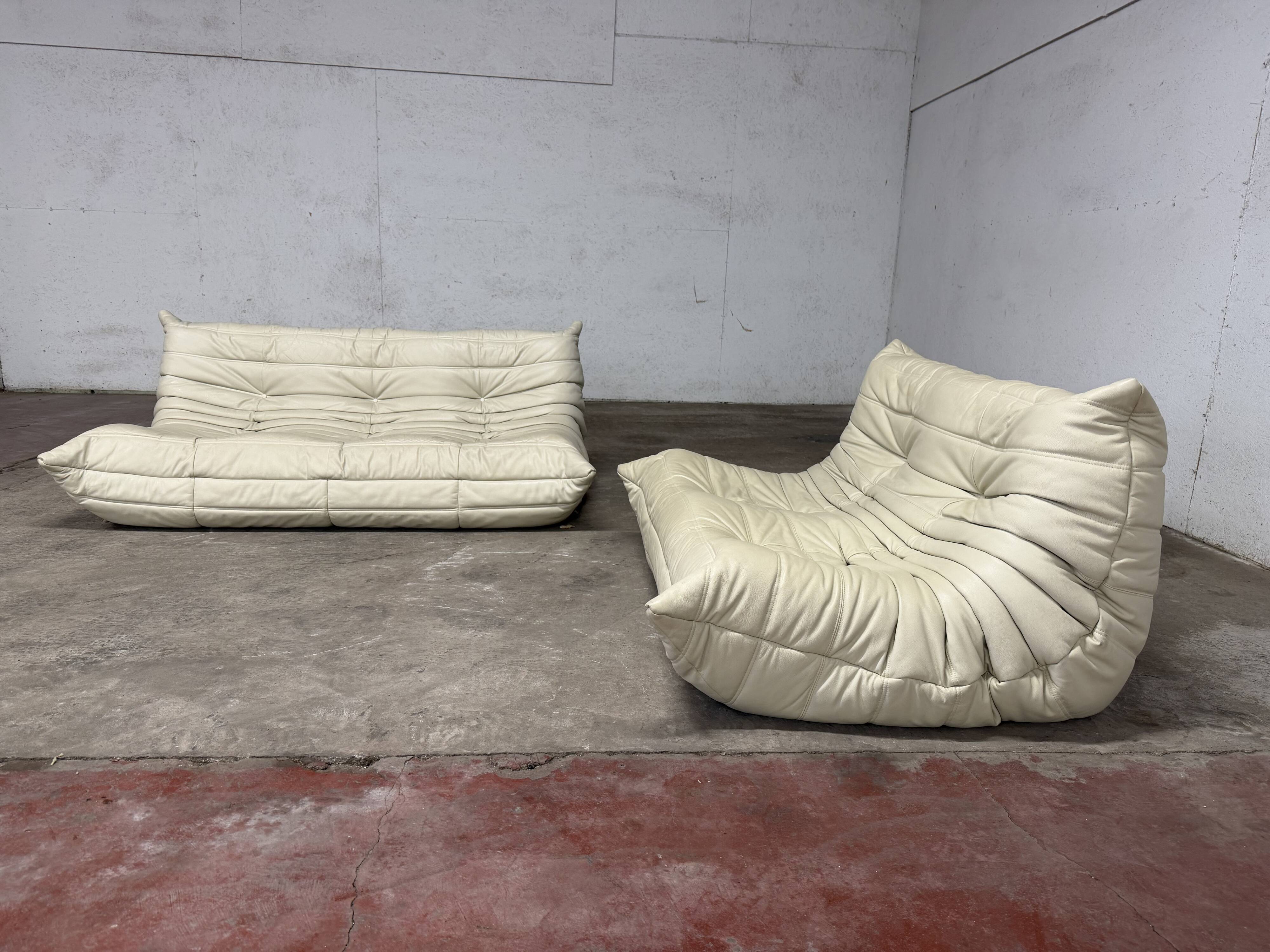 100% authentic Ligne Roset Togo 2-seater + 3-seater, original beige leather.