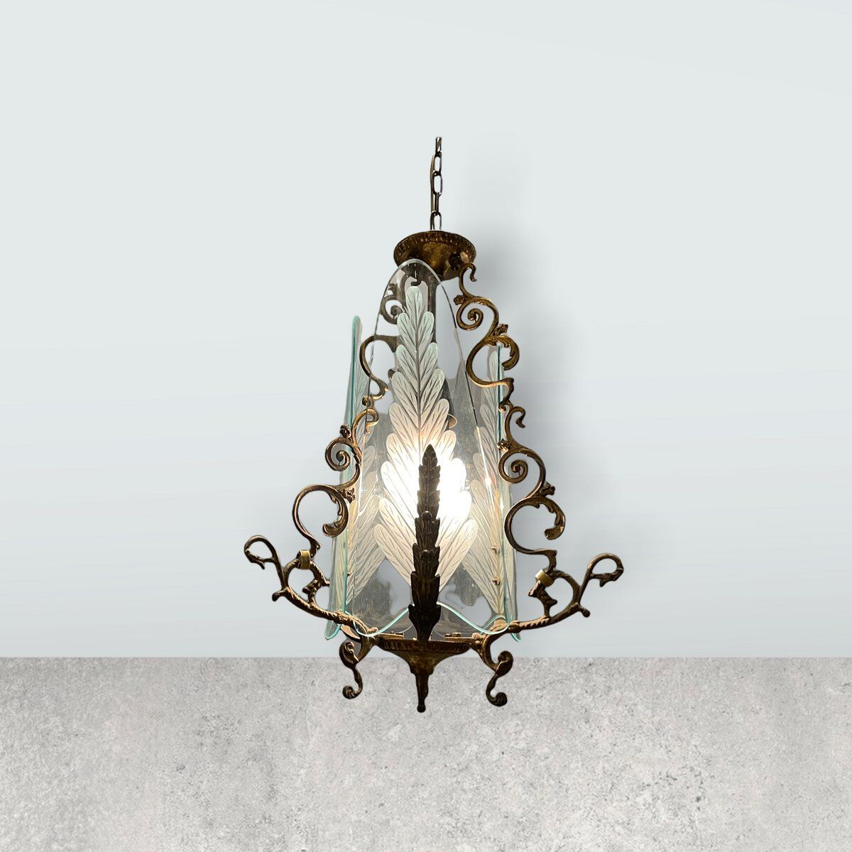 Italian art deco bronze and etched glass pendant lamp