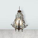 Italian art deco bronze and etched glass pendant lamp