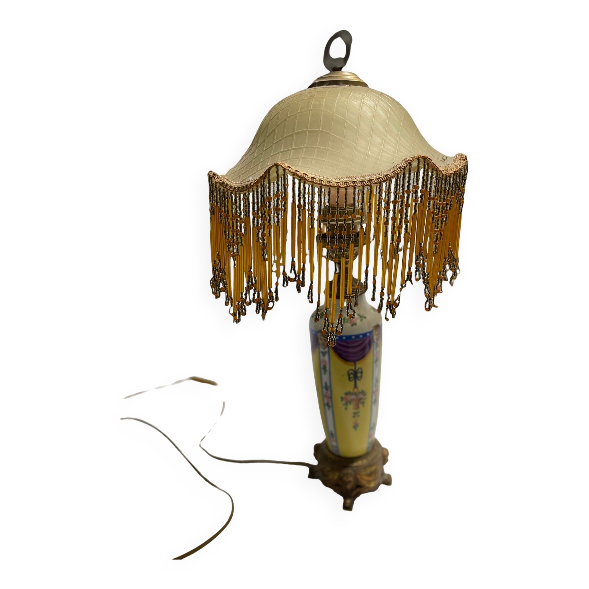 Old lamp with beaded fringed glass shade 40 years
