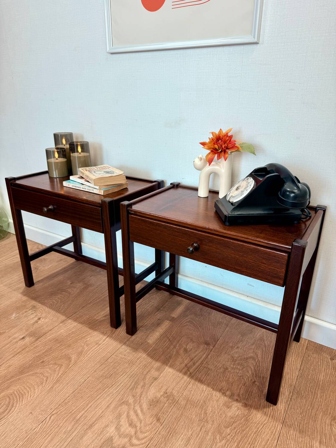 Pair of walnut bedside tables designed by Jacques Hauville for Roche Bobois.