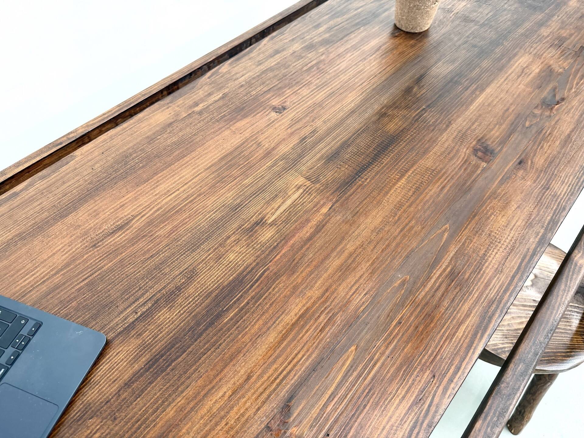 Solid pine work table, grooved top, satin brown finish, year