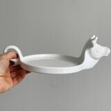 White porcelain cheese dish with handle and cow's head