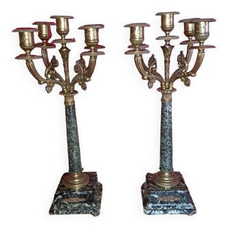 Pair of candelabra in gilded bronze and marble