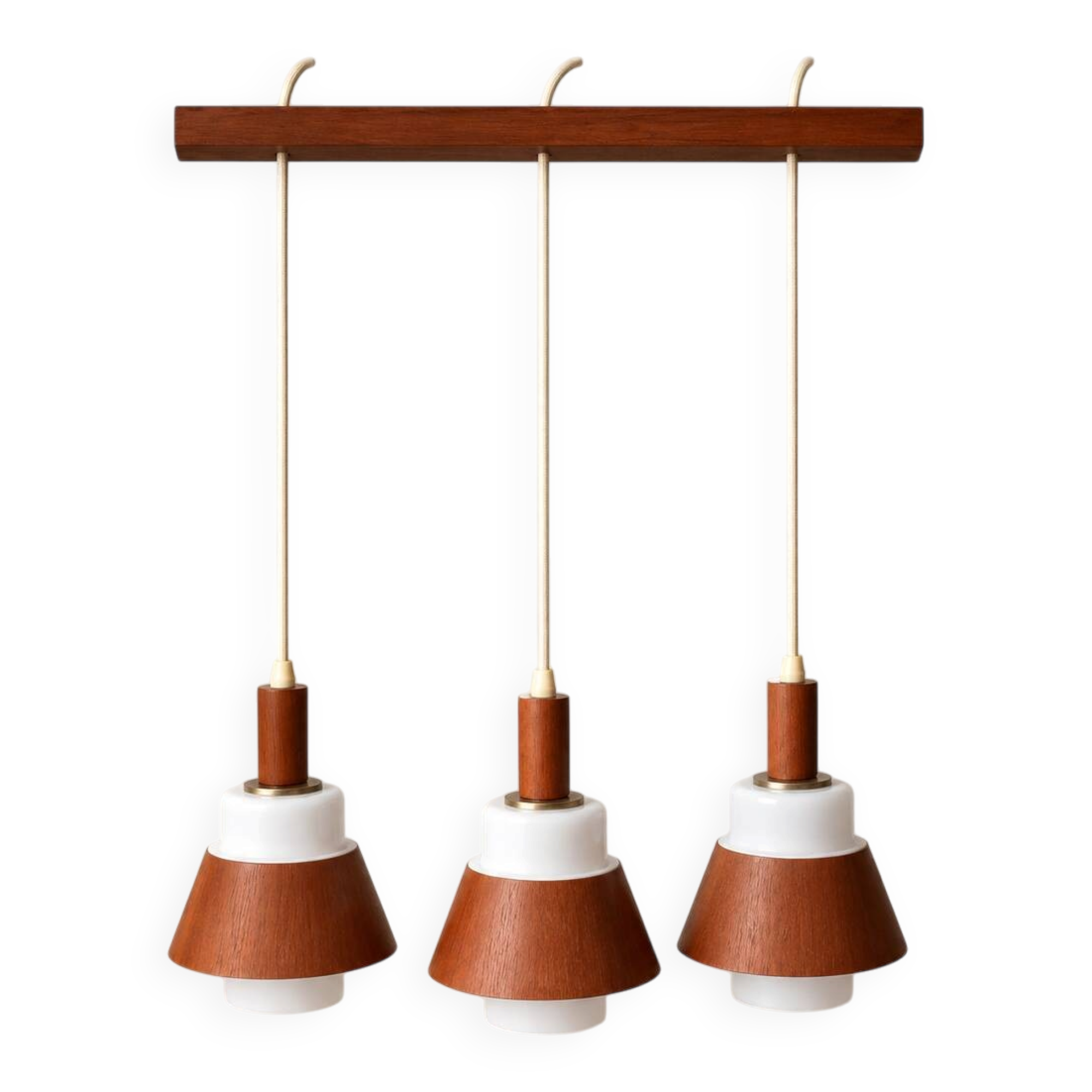 Vintage 3-light suspension in teak and white opaline – 1960s/70s