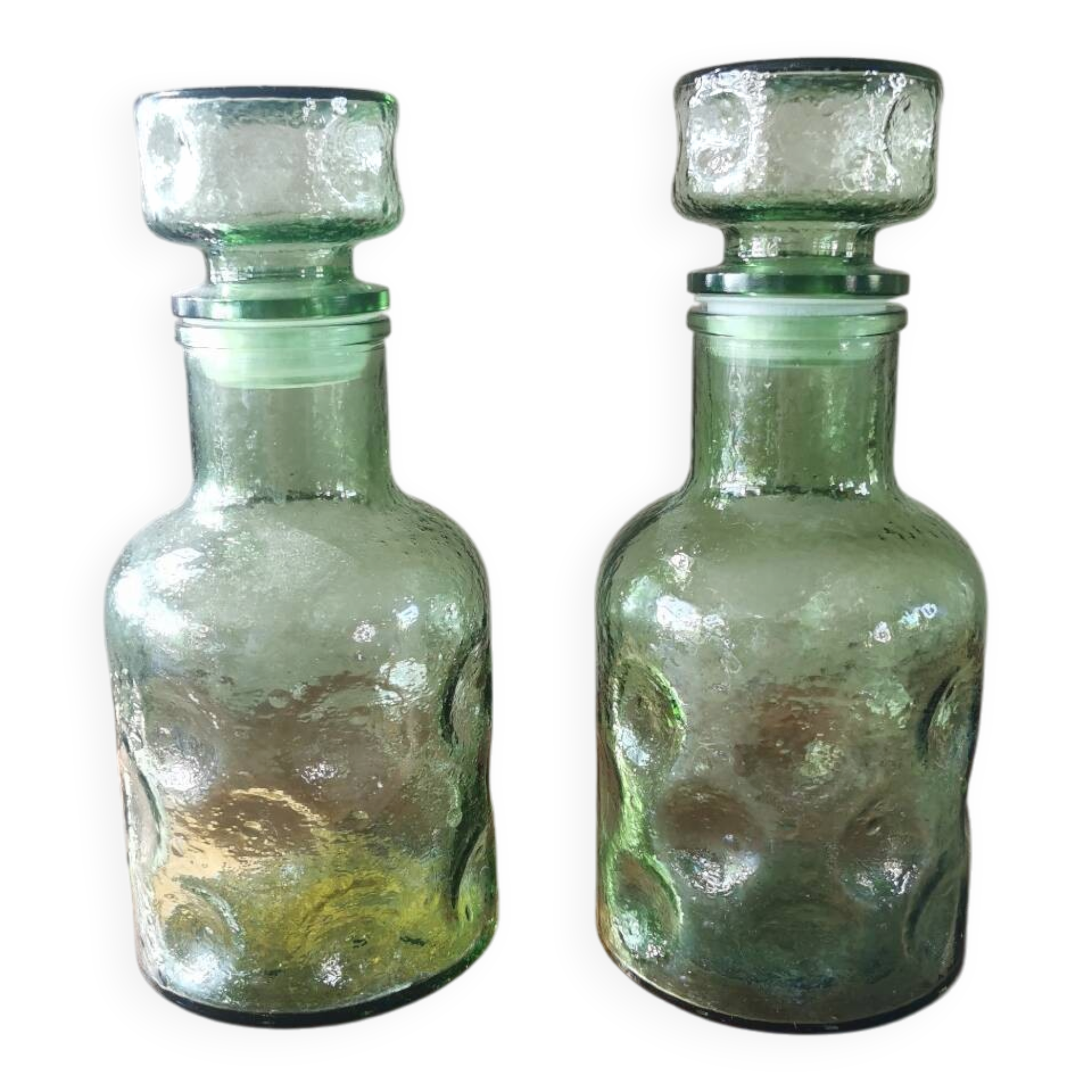 Pair of vintage 70s grainy glass carafes