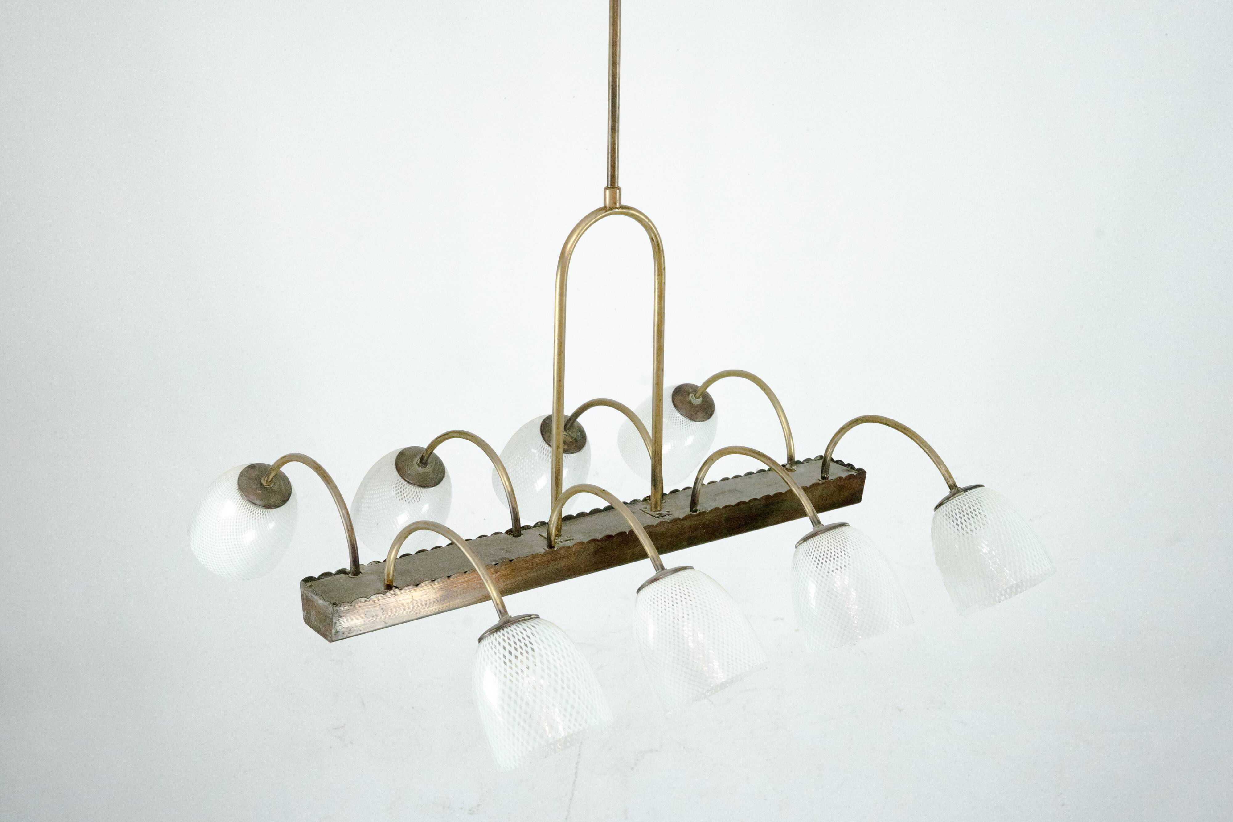 Mid-Century Venini Reticello Glass Chandelier, 8 Arms, Murano, Italy 1940s
