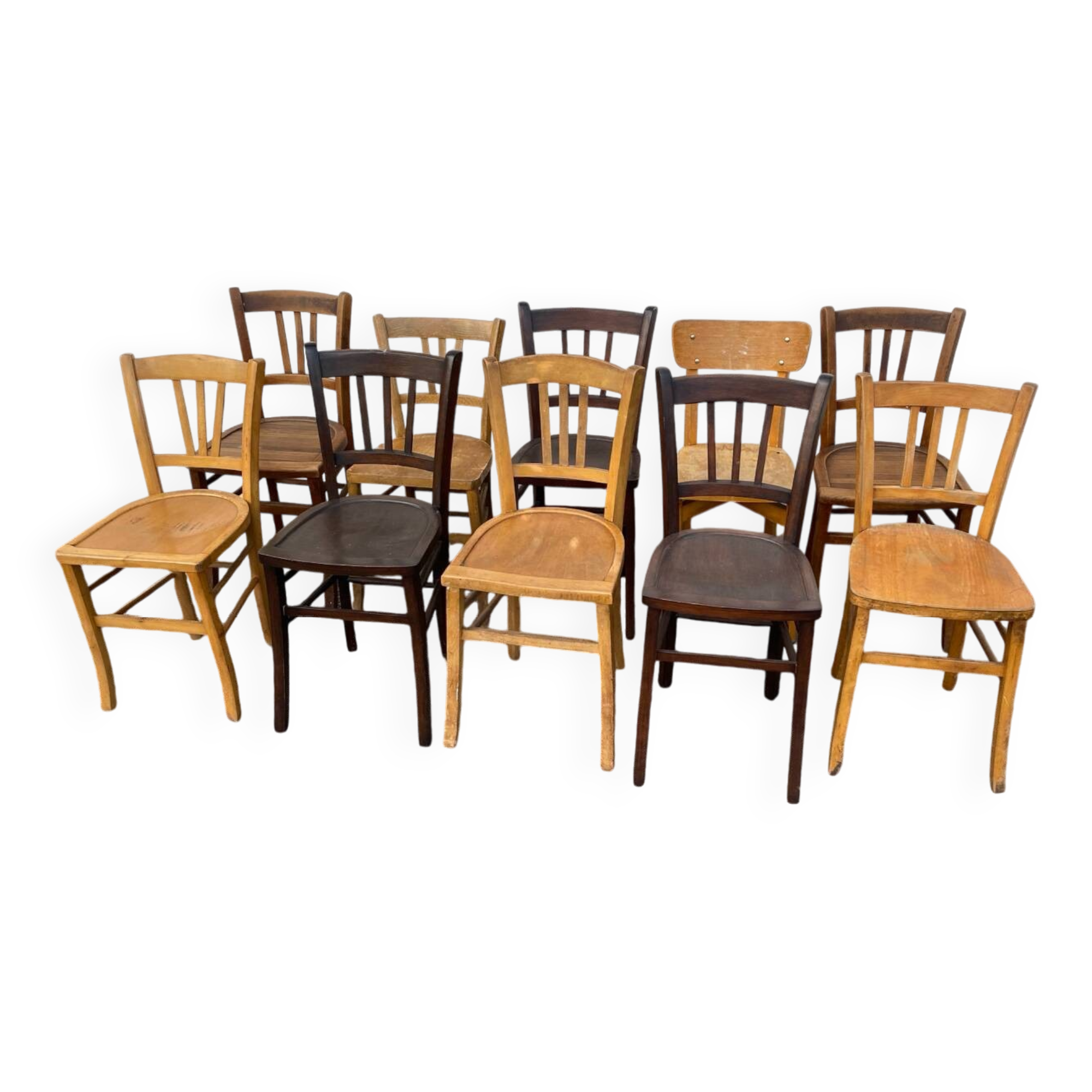 Set of 10 mismatched bistro chairs
