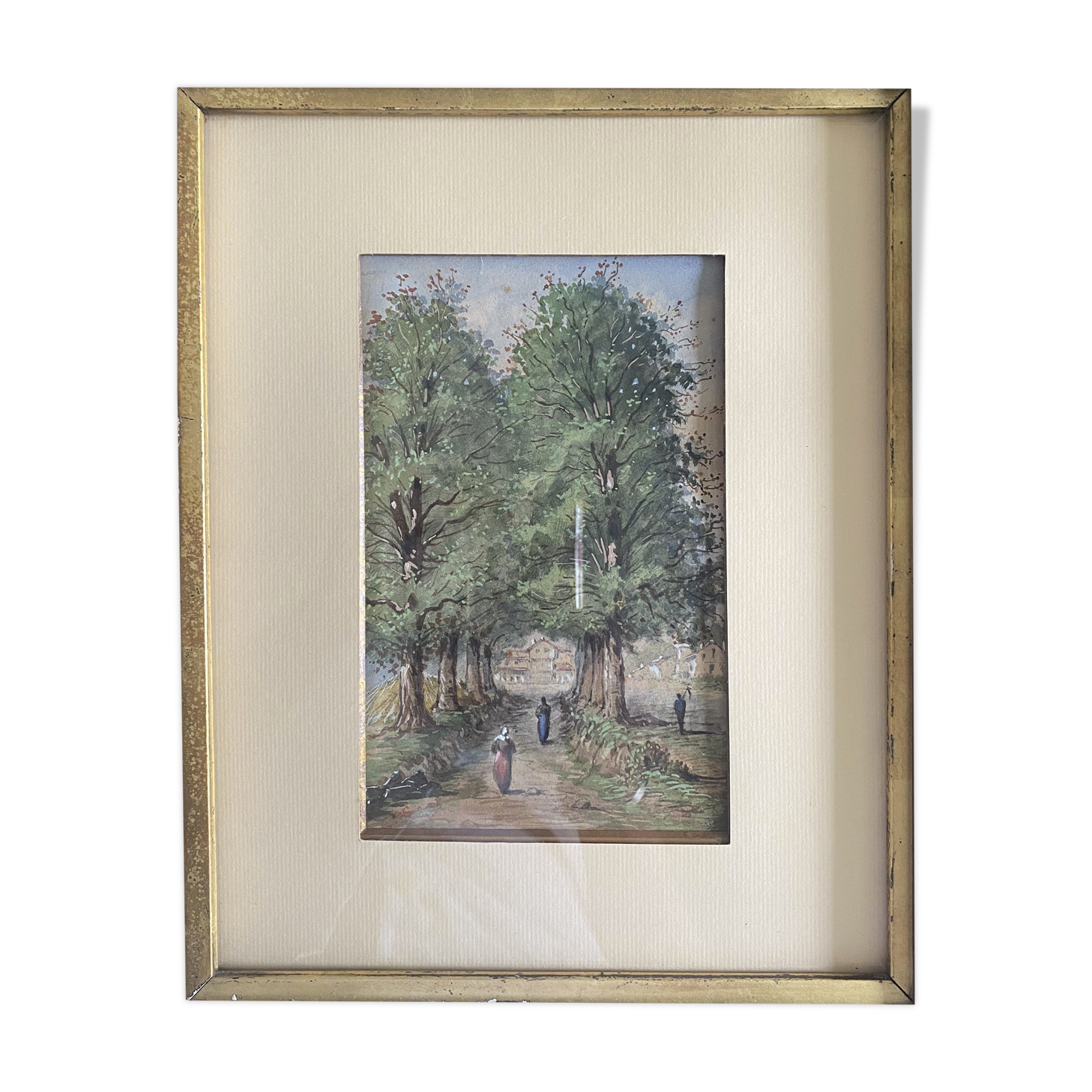 Watercolor painting XIX° "The path of the farm - Nivernais" & frame