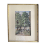 Tableau Aquarelle XIX° "Le chemin de la ferme - Nivernais" & cadre