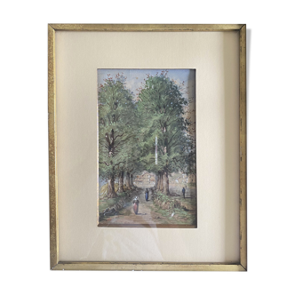 Tableau Aquarelle XIX° "Le chemin de la ferme - Nivernais" & cadre