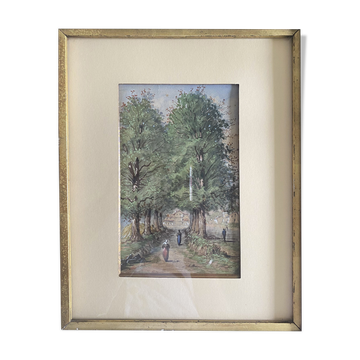 Watercolor painting XIX° "The path of the farm - Nivernais" & frame