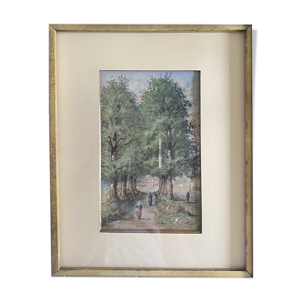 Watercolor painting XIX° "The path of the farm - Nivernais" & frame