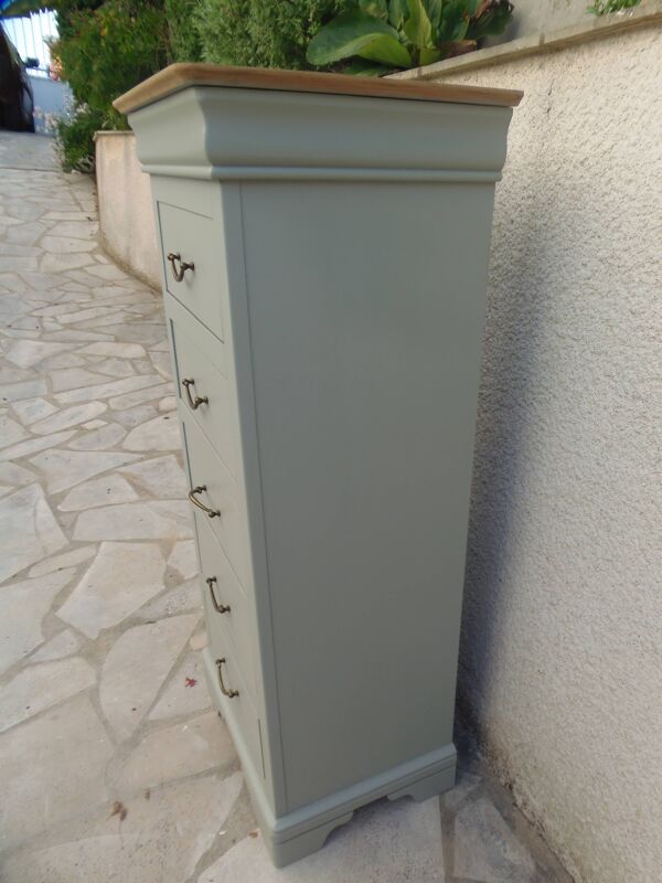 Chiffonnier style Louis-Philippe vert de gris, plateau  bois.