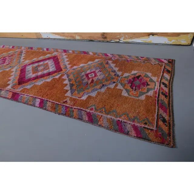 1970s Turkish Handmade Orange Diamond Wool Runner Rug 87x325