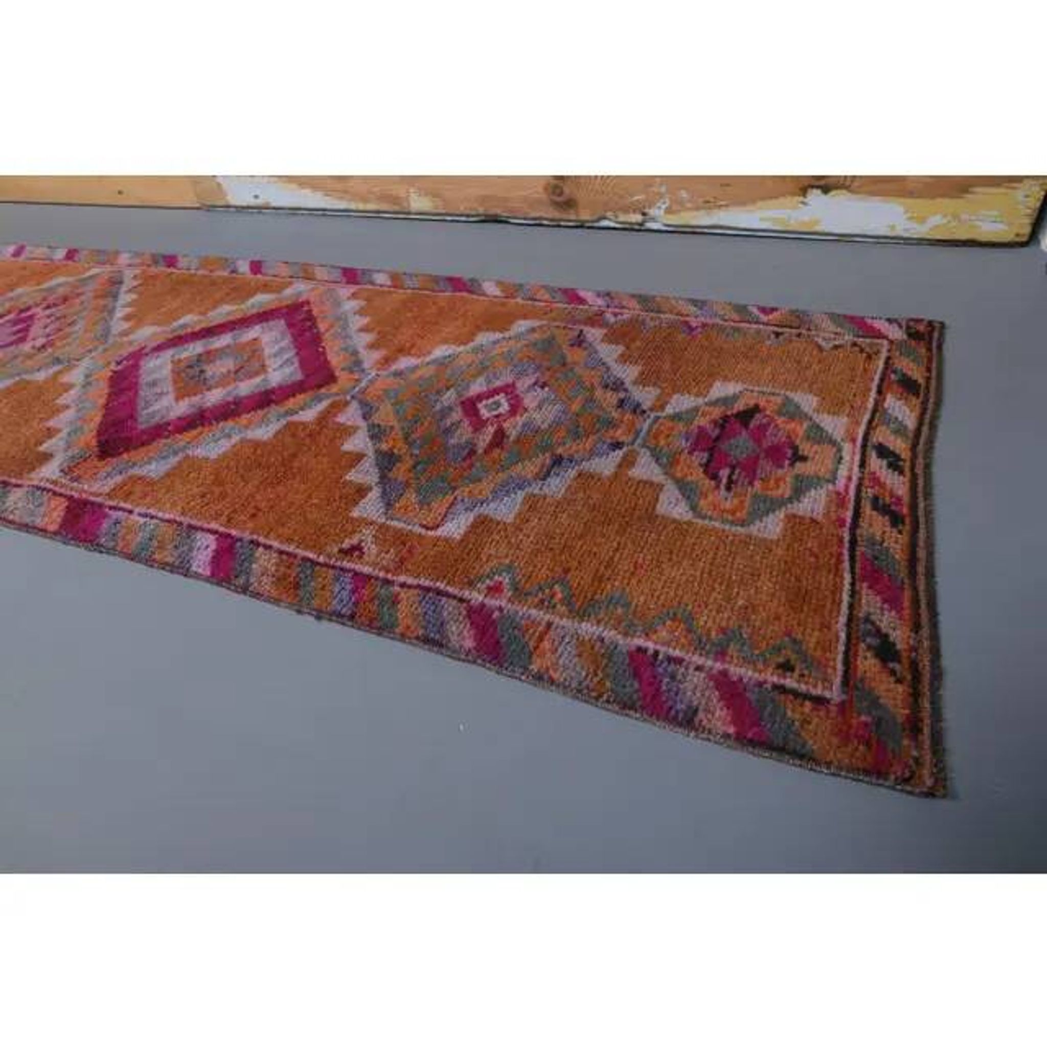 1970s Turkish Handmade Orange Diamond Wool Runner Rug 87x325