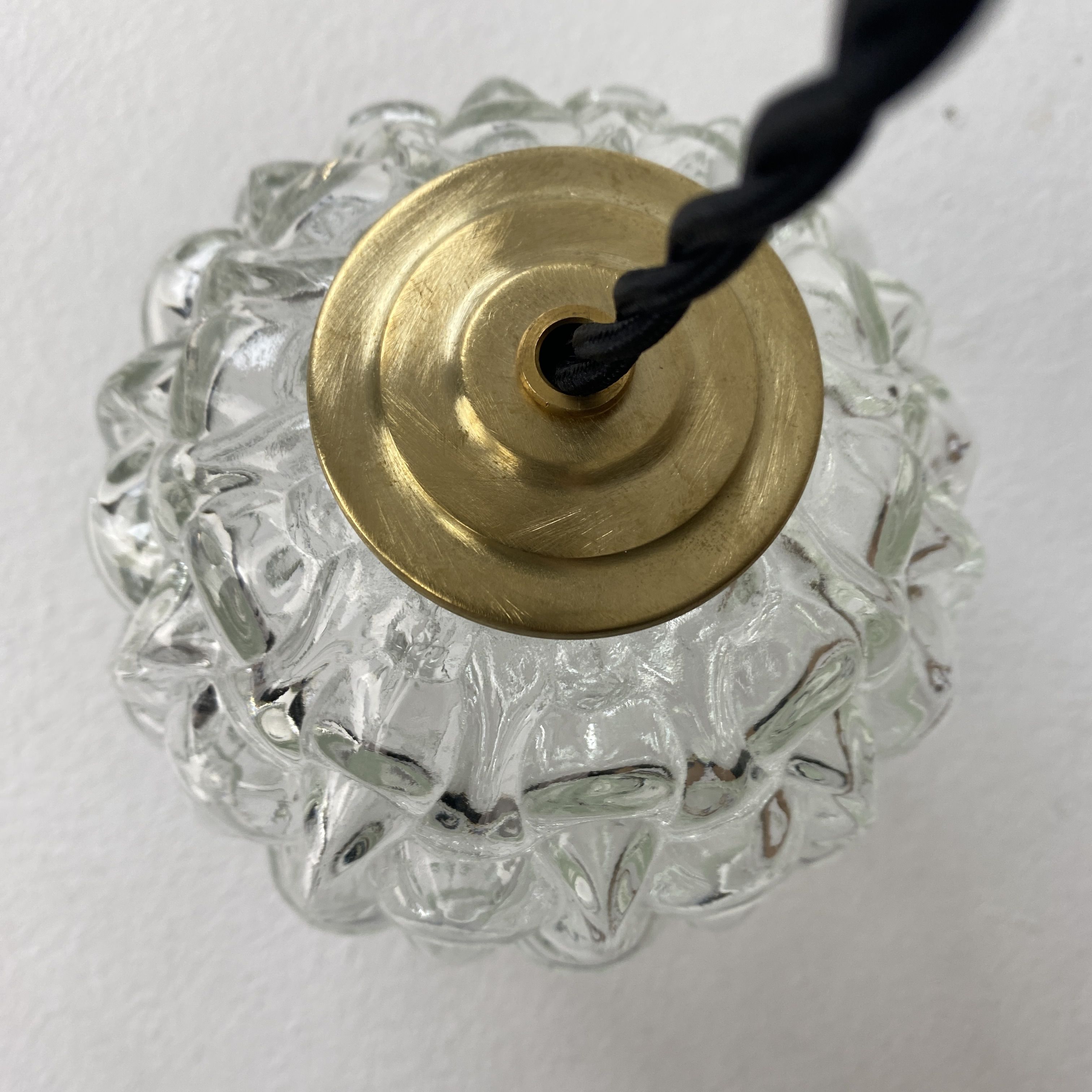 Pair of vintage molded glass round pendant lamps