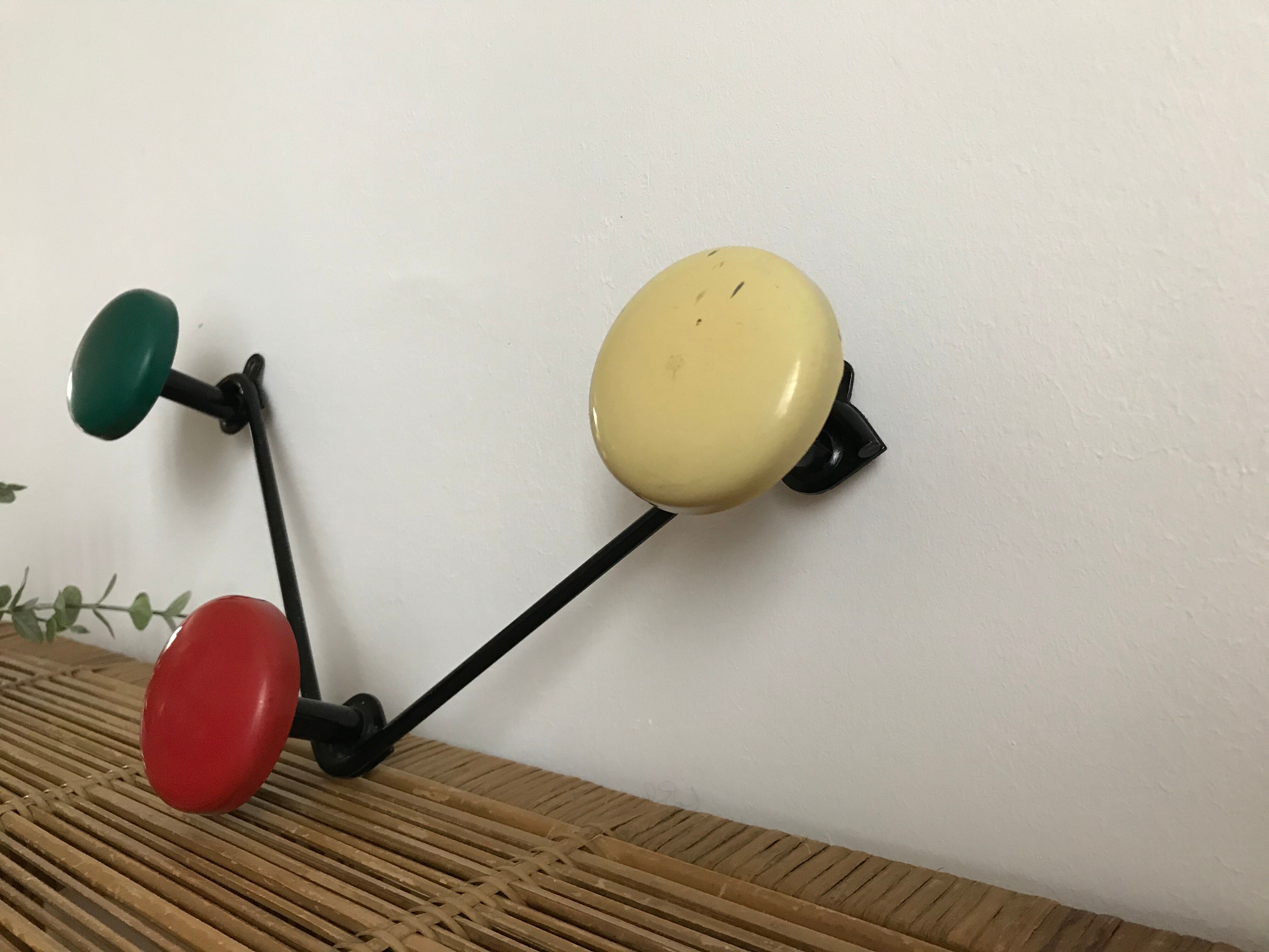 Vintage coat rack 3 colorful metal hooks