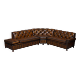 Canapé d'angle Chesterfield vintage en cuir teinté à la main avec pieds en noyer massif