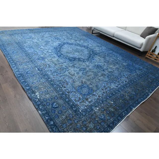1970s Vintage Persian Handmade Wool Cotton Blue Area Rug 297x385