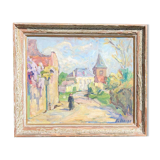 Vintage Impressionist canvas - lively village scene, signed