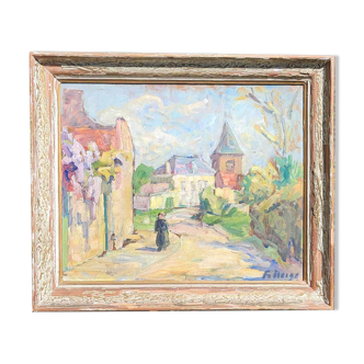 Vintage Impressionist canvas - lively village scene, signed